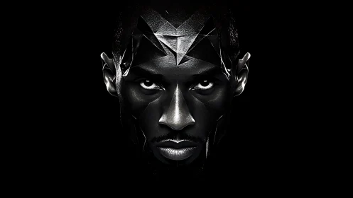 Male face rendered as angular black geometric shards on black