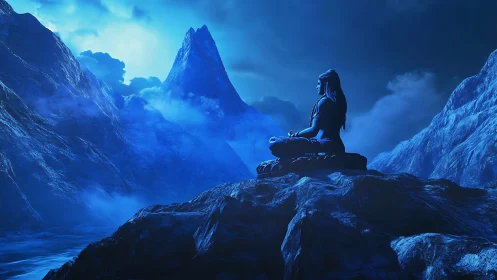 Meditative deity silhouette in blue glacial mountain atmosphere.