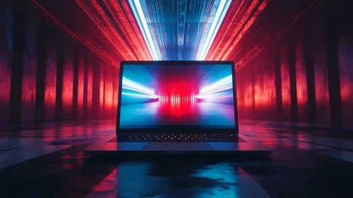 Cyberpunk laptop portal in neon tunnel perspective composition.