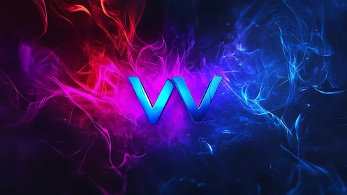 Neon VV monogram ignites between electric fire and frost.