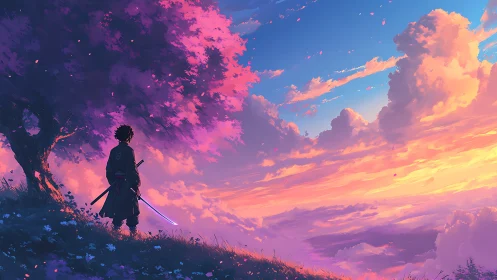 Lone samurai under cherry tree at neon sunset sky.