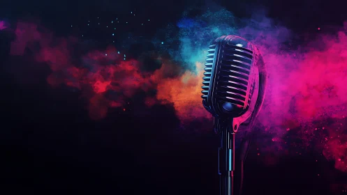 Vintage microphone amid neon smoke and cosmic colors.