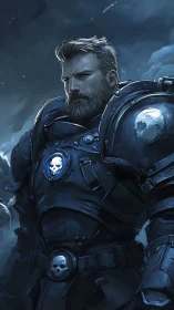 Stormlit veteran commander studies the frozen alien horizon
