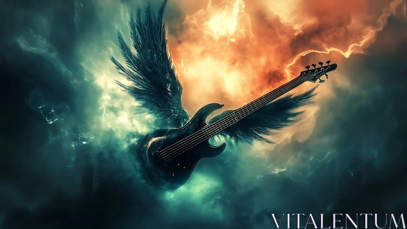 Winged electric guitar in fiery teal storm clouds.