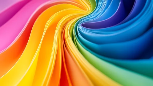 Curved rainbow paper ribbons form a dynamic abstract vortex