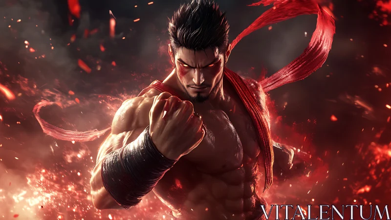 Fiery martial artist erupts from swirling embers in battle stance.