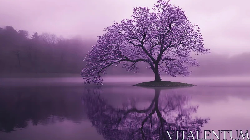 Solitary purple blossom tree mirrors over misty lake