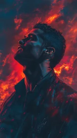 Incandescent profile study of male figure in chromatic flames.