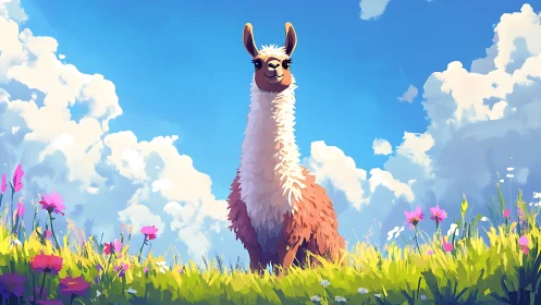 Sunny meadow llama soaking in a carefree, cloud-bright day.