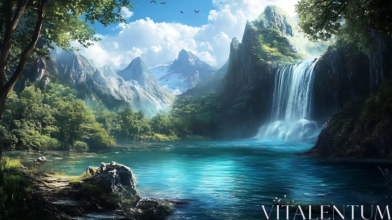 Tranquil waterfall sanctuary with glowing turquoise lake.