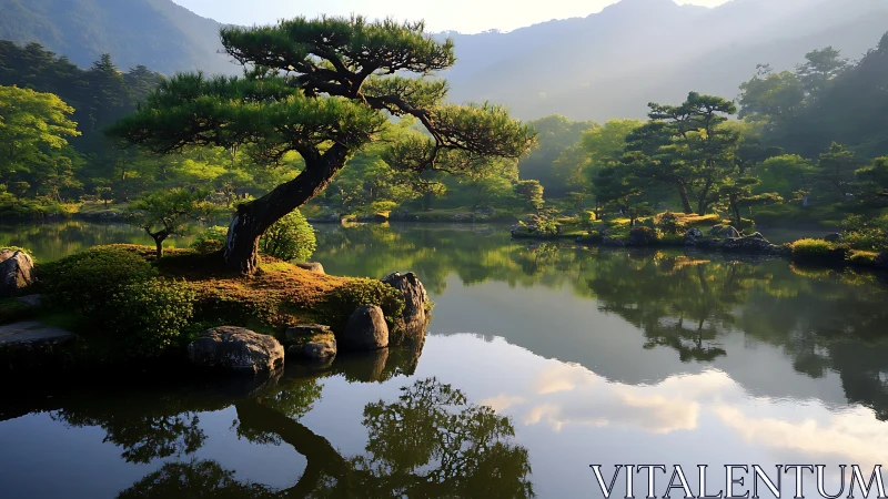 Sunlit zen garden pond rests beneath misty mountain slopes
