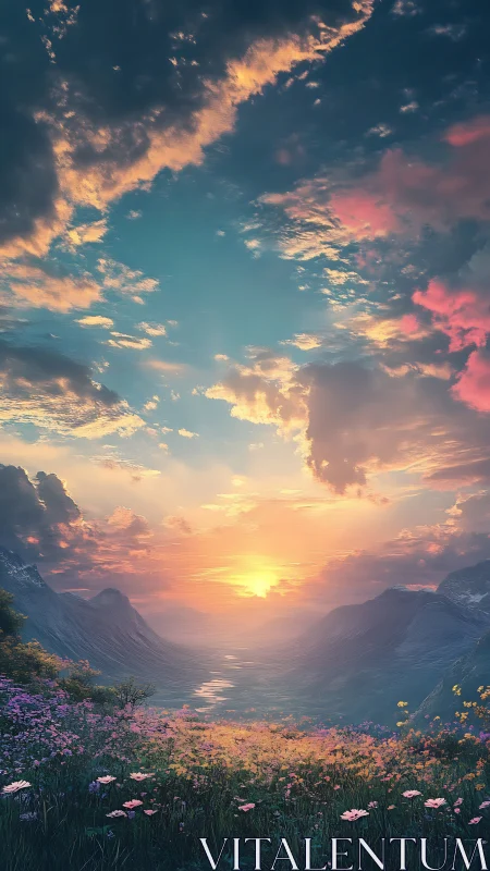 Sunlit alpine valley with luminous wildflower meadow at dusk.