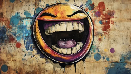 Graffiti smiley face erupts with bold, chaotic laughter.