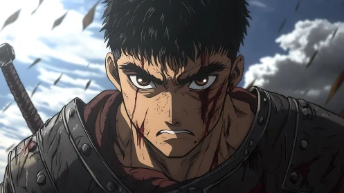 Battle-hardened swordsman glaring under storm-swept sky.