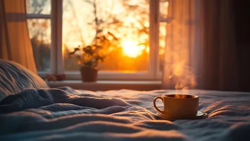 Sunrise steam and unmade blankets in a hush-soft bedroom glow.