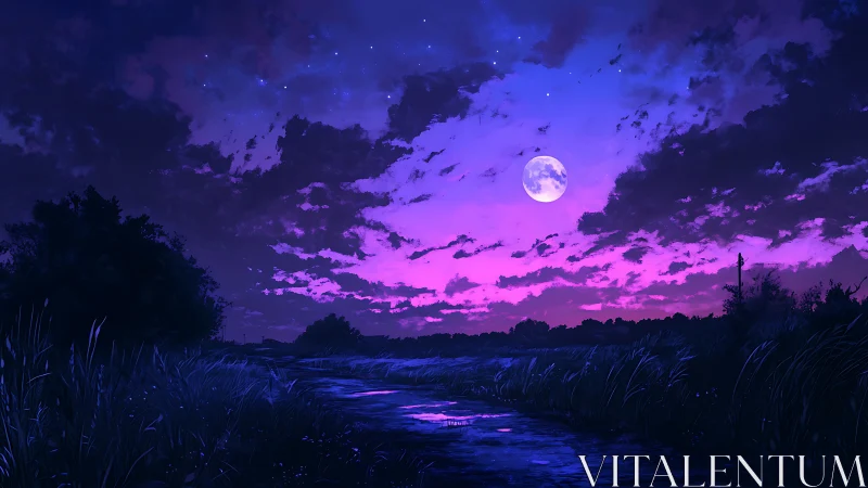 Moonlit river under vivid violet twilight sky glows softly