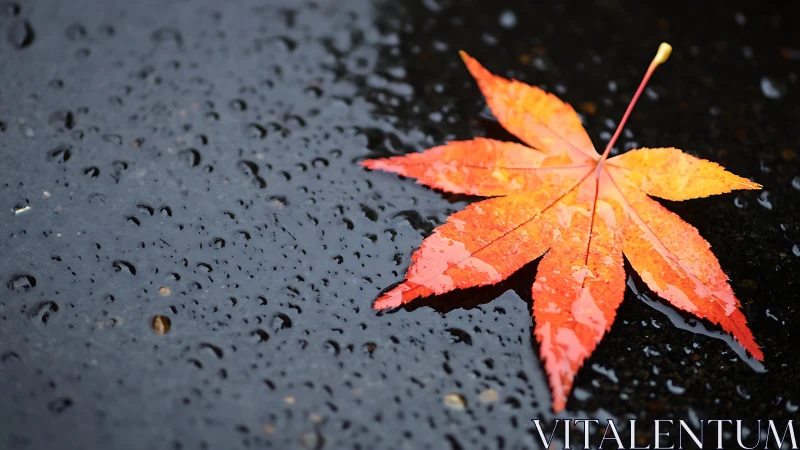 Macro study of wet maple leaf on dark asphalt with shallow depth