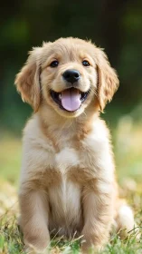 Golden retriever puppy smiling in soft outdoor bokeh portrait.