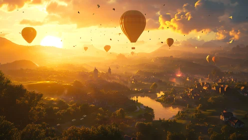 Sunlit valley with hot air balloons over tranquil village.