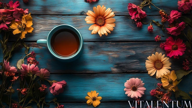 Floral Tea Arrangement on Weathered Turquoise Wood Surface
