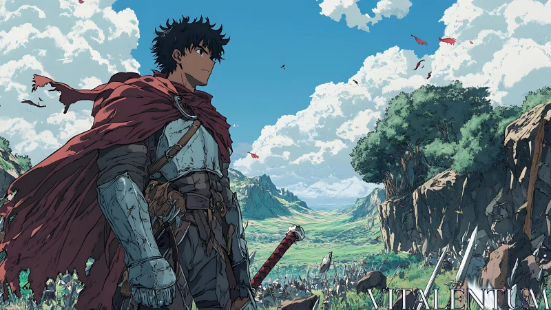 Armored wanderer surveys battlefield under expansive skies