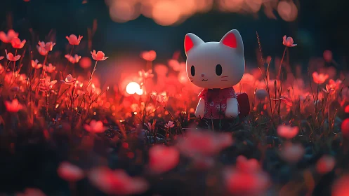 Kawaii Cat's Enchanted Evening in a Red Flower Meadow.