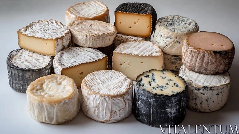 Assorted rounds of ripened artisanal cheeses on neutral surface.