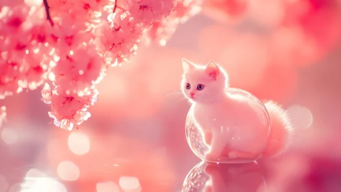 Pink Cat in Glowing Bubble Surrounded by Cherry Blossoms.