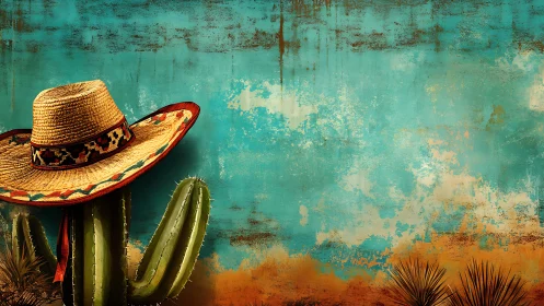 Sombrero crowns a cactus against a sunburned turquoise wall
