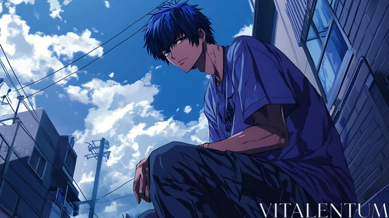 Blue-haired teen under dynamic urban summer sky.