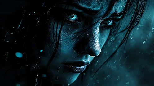 Rain-soaked woman stares intensely through blue-tinged darkness