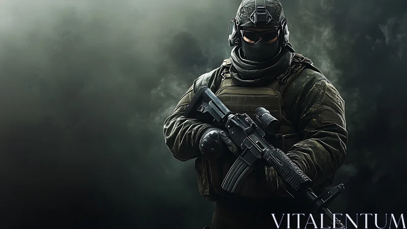 Calm tactical guardian standing in swirling battlefield smoke.
