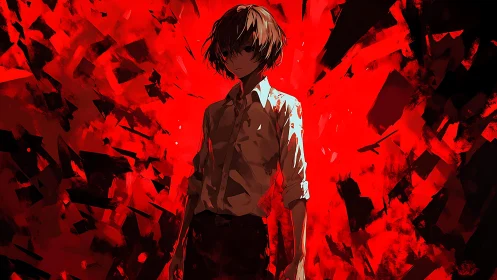 Male figure stands before fragmented red and black backdrop