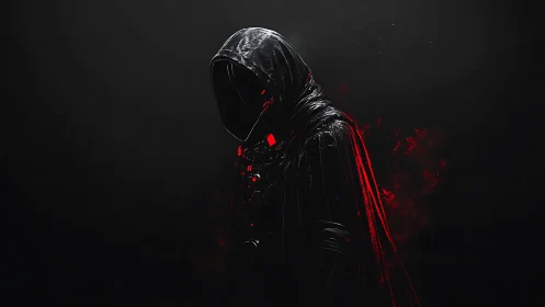 Hooded cyber wraith cloaked in shadow and red embers.