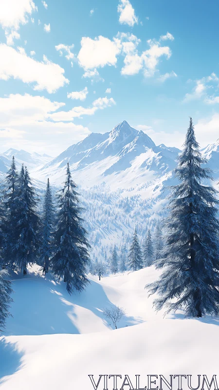Sunlit alpine conifer forest frames crystalline winter peaks