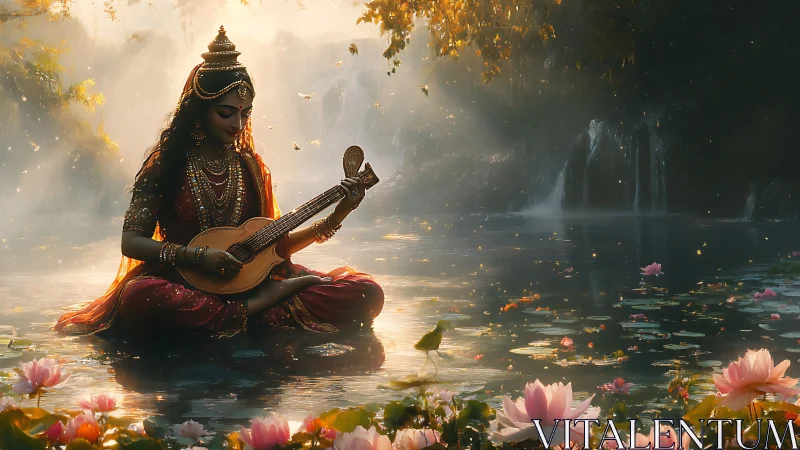 Divine musician in lotus pond under golden backlit mist