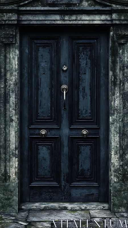 Weathered dark blue door suggests forgotten urban stories.