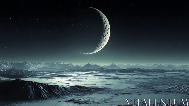 Crescent moon hangs over icy alien frontier at silent night