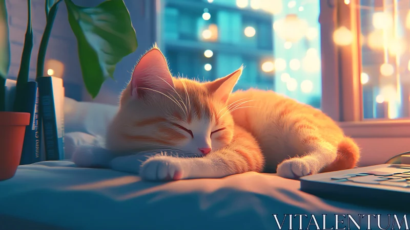 Orange cat resting on desk with city lights background