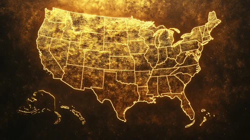 Luminous gilded map of the United States in glowing relief.