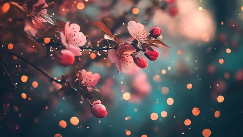 Cherry blossoms with ladybugs in soft-focus bokeh lighting