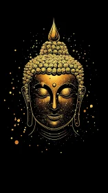 Golden Buddha portrait with glowing particles on black.