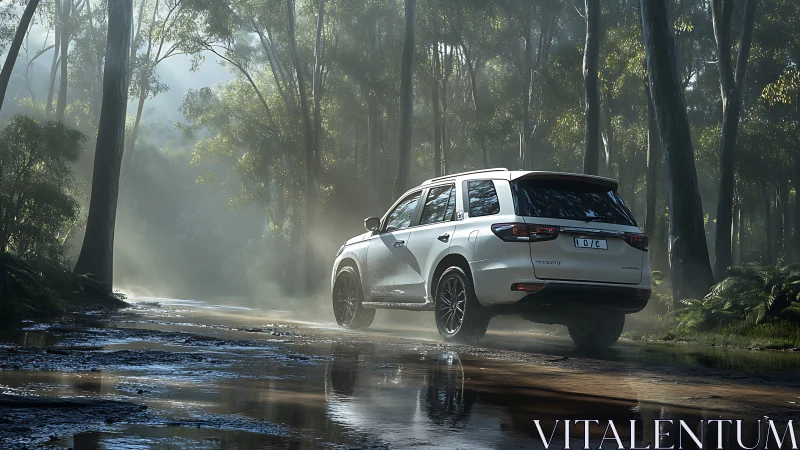 White SUV powers through misty forest trail reflections.