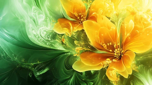 Glowing golden blossoms swirling in dreamy green light.