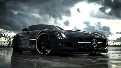 Storm-kissed black supercar prowling a glassy coastal runway.