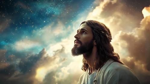 Heavenward gaze against radiant clouds and starry sky.