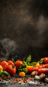Steam rises over tomatoes, basil and spices on dark surface