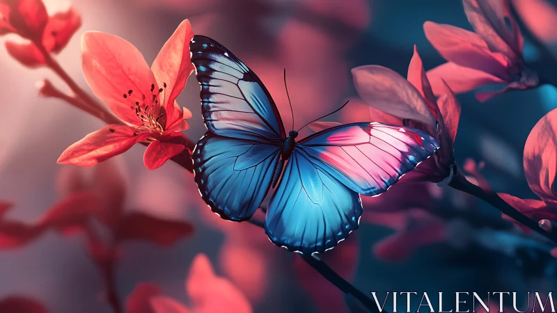 Blue butterfly rests on coral blossoms in soft dusk light.