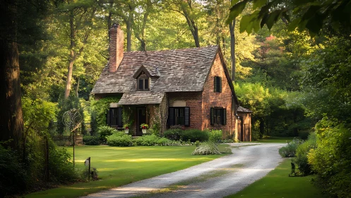Brick cottage with shingle roof in wooded garden setting.