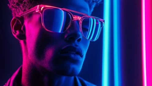 Neon-lit reflections sculpt a cool silhouette in electric glow